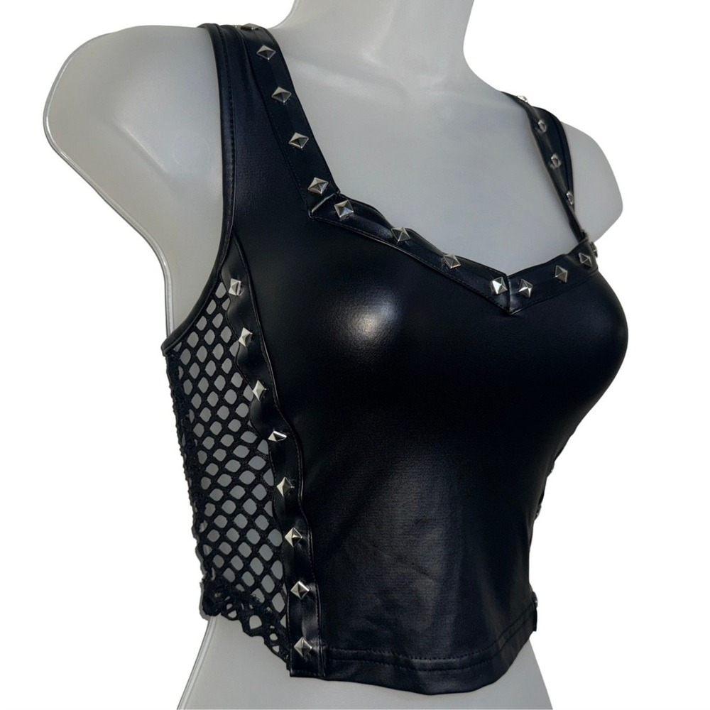 New Large Vegan Leather Goth Sleeveless Mesh Studded Crop Tank Top Bustier